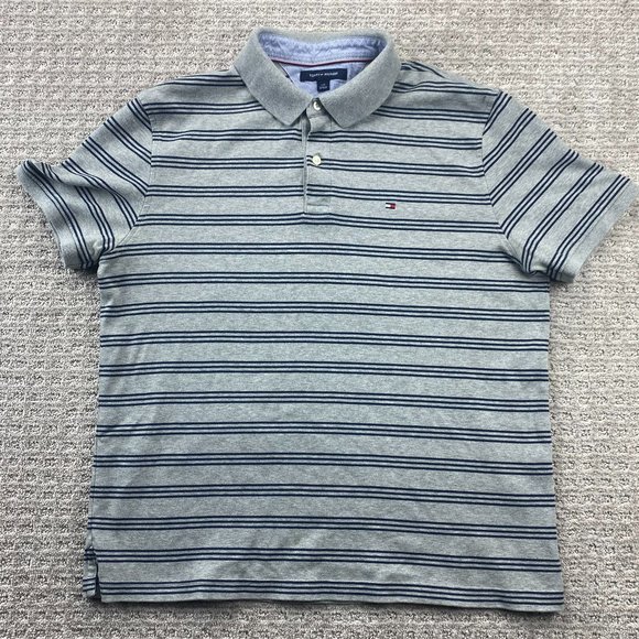 Tommy Hilfiger Polo Shirt Men Large L Gray Blue Striped Casual Golf Embroidered - Picture 1 of 8